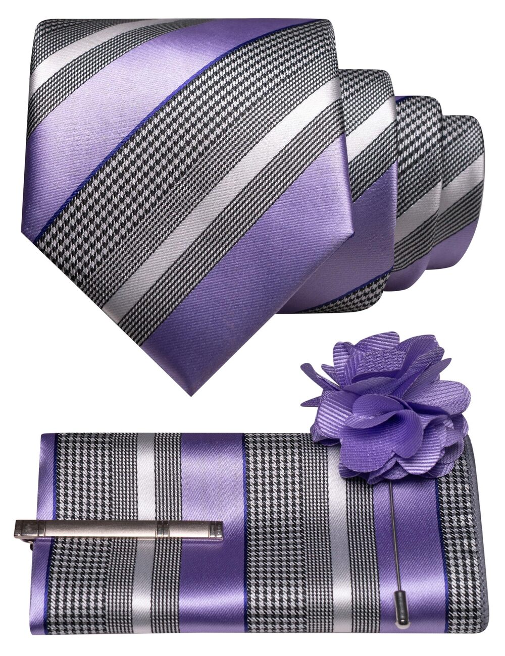 6250 Lavender Striped Tie and Lapel Pin Necktie Pocket Square and Tie Clip